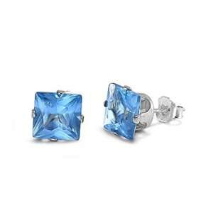    Sterling Silver   6mm Blue Topaz CZ Square Stud Earrings: Jewelry