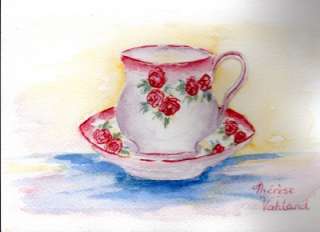 Watercolour Painting, Vintage Cup & Saucer Original  