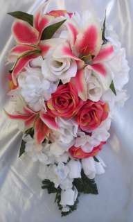 21pc FUCHSIA WHITE Bridal Bouquet Wedding Package Bride Corsage 