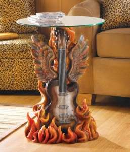 Guitar w/ wings & flames glass top table 24 + high great decor item 