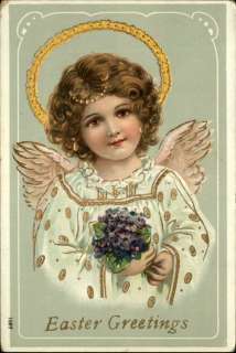EASTER Little girl angel w Halo and Flowers c1910 Postcard  
