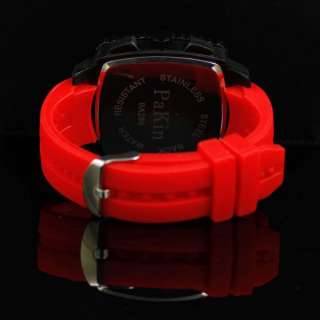 New Mens Sport Square Big Dial Red Rubber Silicon Band Wrist Watch 