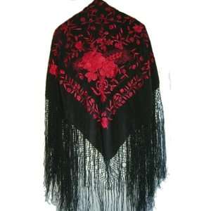  Stylish Silk Piano Shawl Black with Red Flamenco Floral 