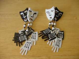 Black White Dangle Happy Sad Mask Face Theatre Earrings  