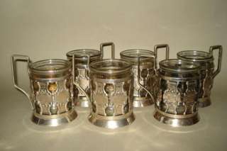   of 6 Vintage Russian Cupronickel Tea Cup Glass Holders w/glass  