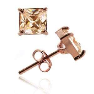  18K Rose Gold over Sterling Silver Champagne CZ 6mm Square 