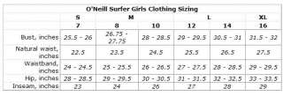   of Page ONeill Size Chart for Juniors/Womens Clothing and Boardshorts