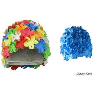 Twin Pack   2 Retro Floral Swim Caps with Flower Petals   Blue + Multi 