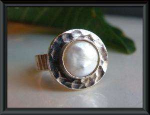 NEW MODERN Hammered Sterling Silver 925 Biwa Pearl Ring  
