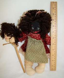 Cute Little Handmade Black Girl Rag Doll with Handmade Stick Horse 