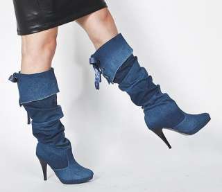 Light Blue Jean Mid Calf High Heel Boots US Size 7 B325  
