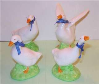 SET (4) White Fine Porcelain Goose GEESE w Blue Ribbons  