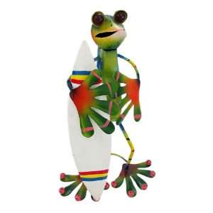  Brightly Painted Surfer Gecko Lizard Metal Art Statue 