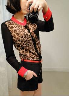 New Womens Stand up Red Collar Shoulder Pad Chiffon Leopard T Shirt 