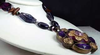 Vintage Purple Glass, Purple Medallion Pendant Necklace. Gold Accent 