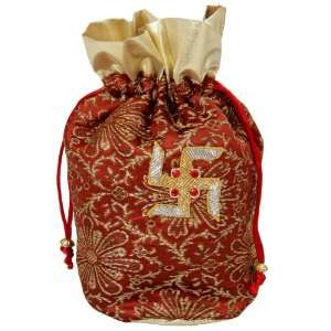   golden & brown colored potli bag with swastik 