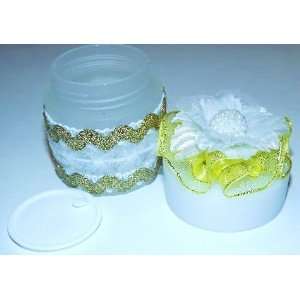 White and Yellow Blooms with Lace frosted Empty Plastic jar 1.7 OZ