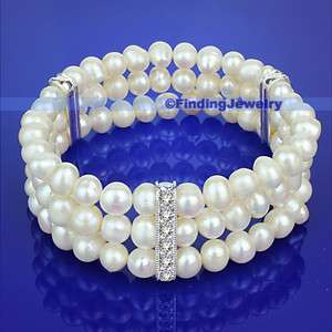 Strands White FW Pearl Bracelet W/Swarovski Crystal  