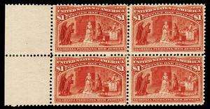   Stamp Scott 241 $1 Columbian Mint OG Sheet Margin Block VF XF  