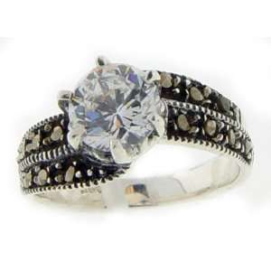   Cut CZ and Marcasite Wavey Band Sterling Silver Ring: Jewelry