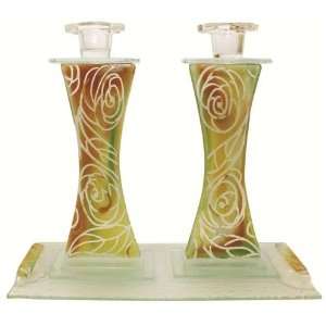  Doris Glass Candlestick Holders with Tray   Rose Design 