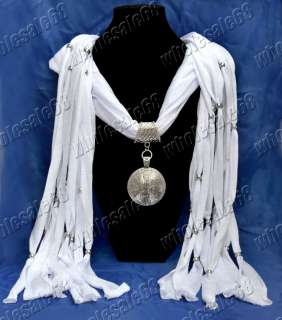 Free white Wrinkle Cotton Pendant Scarf Necklace Silver round pendant 