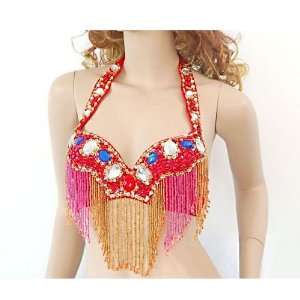 BellyRose Belly Dancing Sequined Beaded Fringe Bra Top With Colorful 