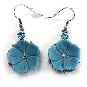  Sky Blue Daisy Drop Earrings (Silver Tone) Jewelry