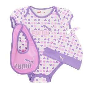 Puma 3 Piece Infant Set Baby Girl Lap Shoulder Bodysuit, Cap & Booties 