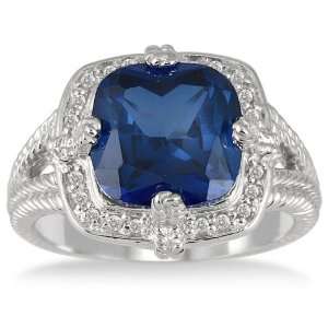   Cushion Cut Lab Created Sapphire and Diamond Ring in Sterling Silver