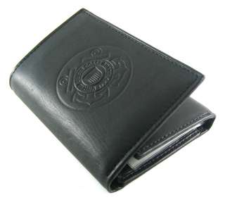 Coast Guard Mens Black Leather Trifold Wallet w/Embossed Coast Guard 