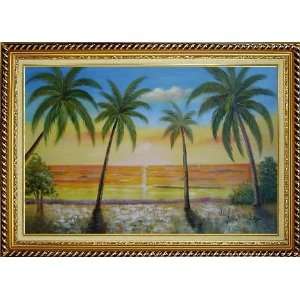 Seashore Palm Trees on Sunset Oil Painting, with Linen Liner Gold Wood 