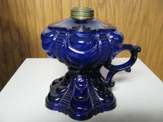 Cobalt Blue Pedistal Finger Coolidge Drape Pattern Oil/Kerosene Lamp 