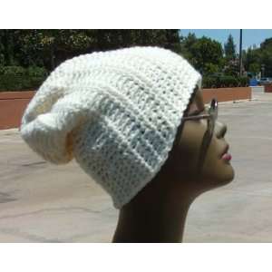   Crocheted White Cotton Slouchy Crochet Beanie Hat Cap 