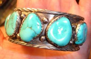 Outstanding Large 6 Chunks Turquoise,Sterling Signed Navajo Bracelet 