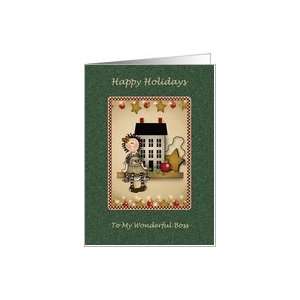 Folk Art Doll Happy Holidays Boss Christmas Cards Card