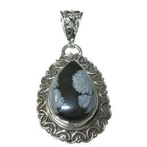  Snowflake Obsidian and Sterling Silver Teardrop Pendant 