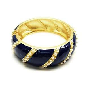  Faux Pearl and Sapphire Blue Enamel Foldover Bracelet 