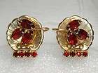 1940s Vintage Gold Tone & Ruby Red Rhinestone Shell Clip Earrings
