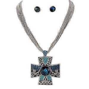   Rhinestone Filigree Cross Pendant Necklace and Earrings Set Jewelry