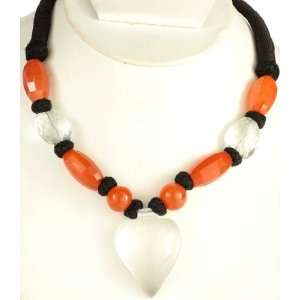  Crystal and Carnelian Necklace with Black Cord   Sterling 