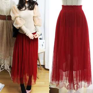 Lovely & Romantic Red Chiffon Tulle Mesh Pleated Long Maxi Skirt 