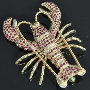 Pampillonia 18K Rose Gold 2.65 CT Ruby Diamond Lobster Animal Pin 