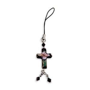  Black Cloisonne Enamel Flower Cross Bead Phone Charm 