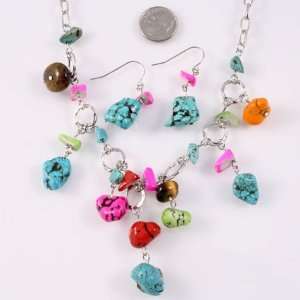  Multi Color Chip Stone Necklace and Earring Set 