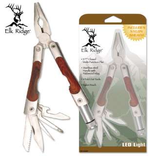 NEW Elk Ridge Wood Handle Multi Tool Knife w/ LED Light and Sheath 