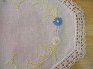   Oval Antique Embroidery Linen Doilies with Filet Crochet Trim  