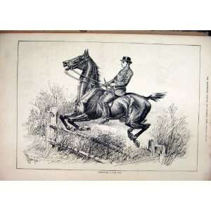 1880 Horse Rider Jumping Fence Country Scene Old Print:  