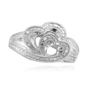    925 Sterling Silver Two Hearts Milgrain Diamond Ring: Jewelry