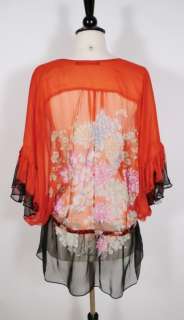 ROBERTO CAVALLI orange silk blouse w floral print sz 38  